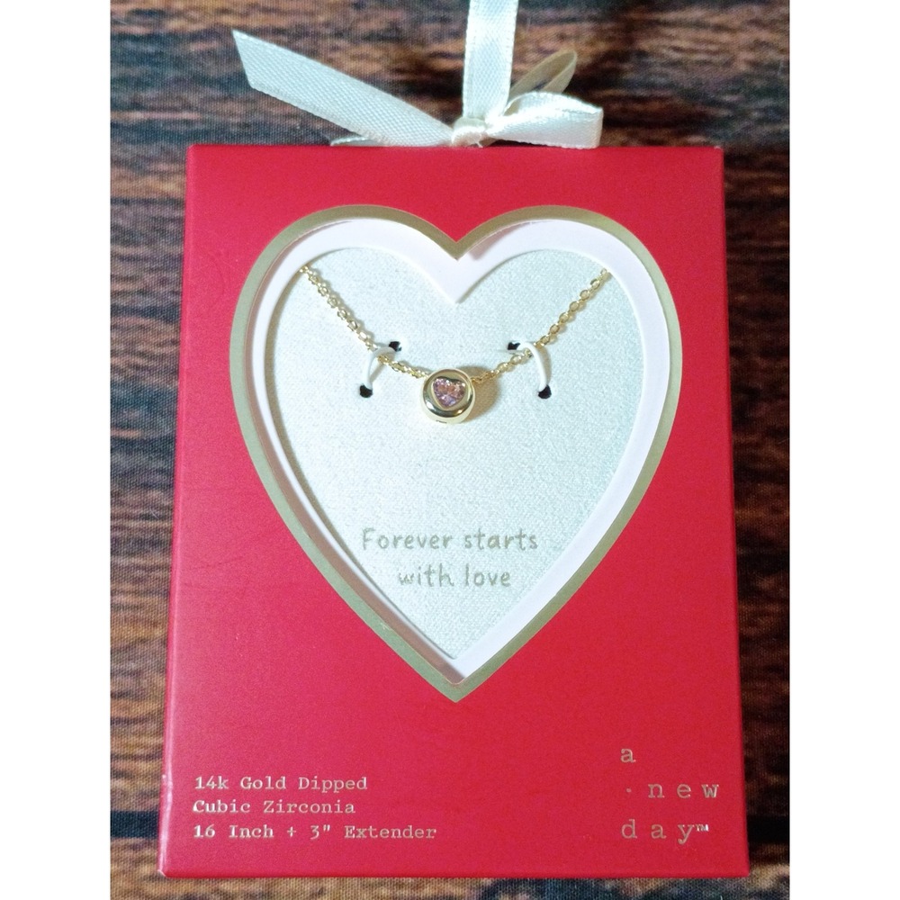 A New Day 14k Gold Dipped Pink Heart Cubic Zirconia Necklace 16-19 Inch NIB